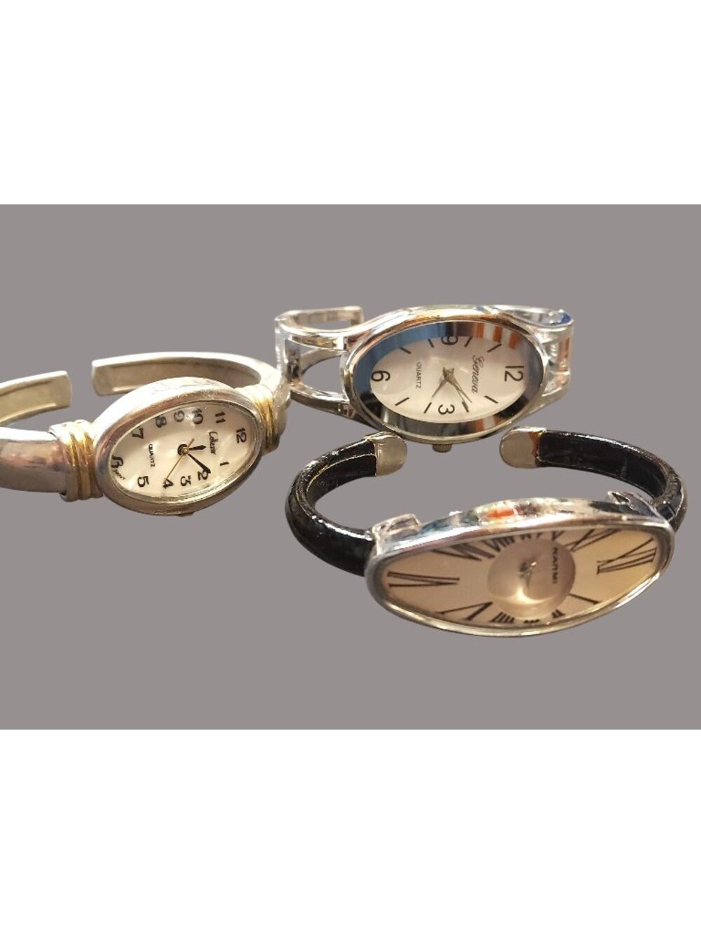 Lot Of 3 Womens Quartz Cuff Watches By Geneva Narmi & Colibri Silver & Gold